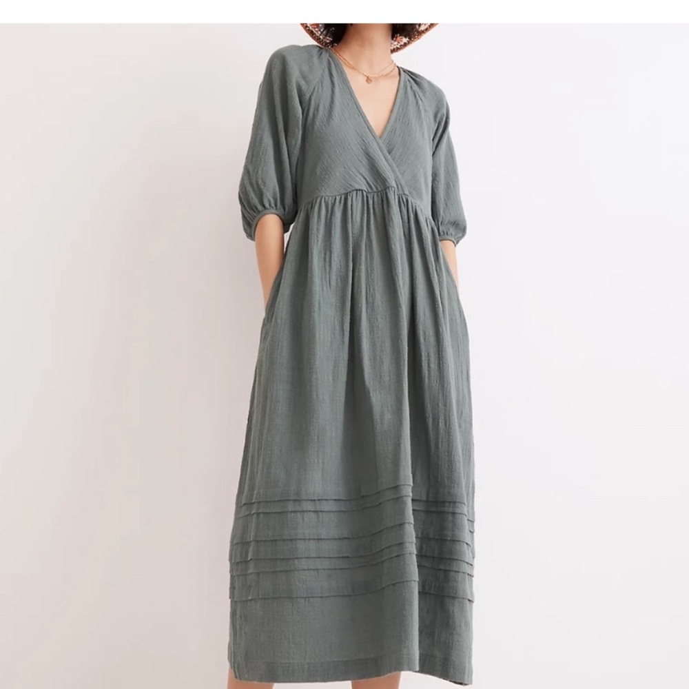 Madewell Marianna Puff Sleeve Faux Wrap green  Cotton Midi Dress Womens Size XS
